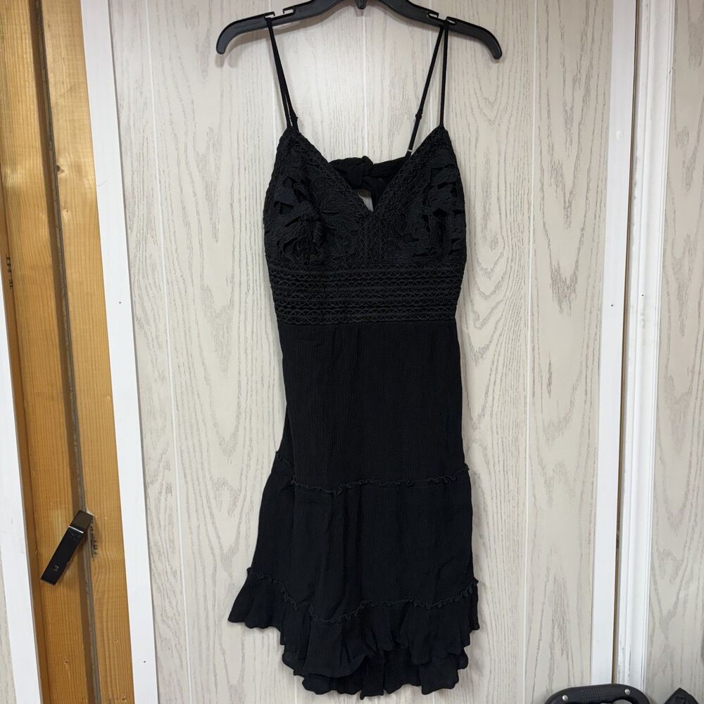 Shyanne Women's Black Lace Mini dress XL spaghetti straps tie back lined concert